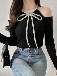 FRIFUL Women's Rhinestone Bow Decor Cold Shoulder Long Sleeve Fashion T-Shirt Party Night Out Date Black And Silver Fall Elegant Romantic Sexy Christmas - Black - View 6