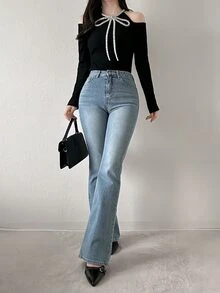 FRIFUL Women's Rhinestone Bow Decor Cold Shoulder Long Sleeve Fashion T-Shirt Party Night Out Date Black And Silver Fall Elegant Romantic Sexy Christmas - Black - View 4