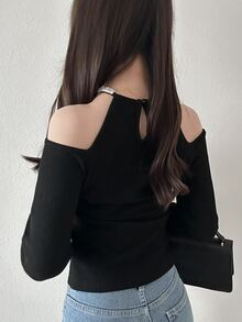 FRIFUL Women's Rhinestone Bow Decor Cold Shoulder Long Sleeve Fashion T-Shirt Party Night Out Date Black And Silver Fall Elegant Romantic Sexy Christmas - Black - View 7
