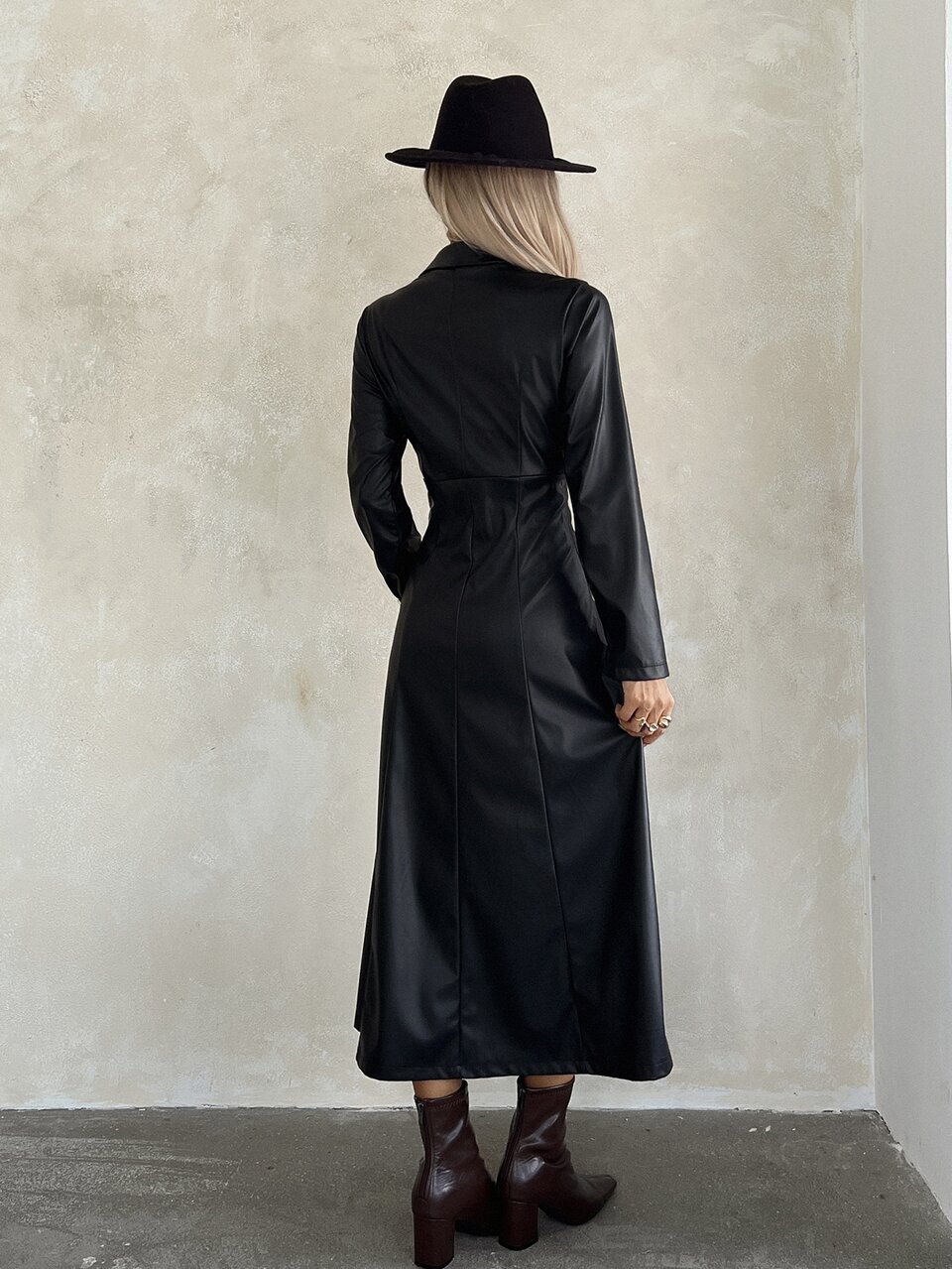 Autumn Women's Black PU Lapel Long Sleeve Wrap Waist Mid-Length Dress, Professional Commuter Style