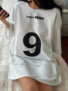 DAZY Vestido de dormir casual de mujer con estampado de letras, cuello redondo y hombros caídos para otoño - Gris - Ver 6
