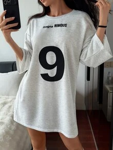 DAZY Vestido de dormir casual de mujer con estampado de letras, cuello redondo y hombros caídos para otoño - Gris - Ver 7