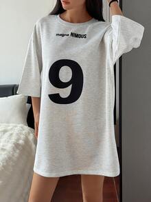 DAZY Vestido de dormir casual de mujer con estampado de letras, cuello redondo y hombros caídos para otoño - Gris - Ver 8