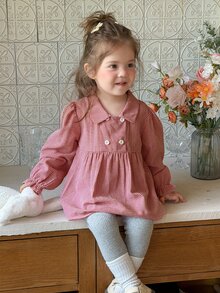 Dazy Kids ملابس علوية علوية للرضيعة (بنت) بياقة مربعات وأكمام قصيرة منفوخة للخريف - الأحمر - مشاهدة 3
