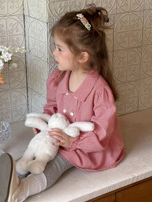 Dazy Kids ملابس علوية علوية للرضيعة (بنت) بياقة مربعات وأكمام قصيرة منفوخة للخريف - الأحمر - مشاهدة 2