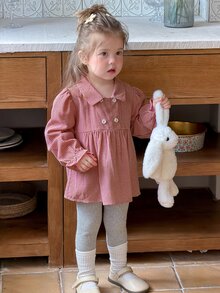 Dazy Kids ملابس علوية علوية للرضيعة (بنت) بياقة مربعات وأكمام قصيرة منفوخة للخريف - الأحمر - مشاهدة 7