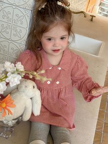 Dazy Kids ملابس علوية علوية للرضيعة (بنت) بياقة مربعات وأكمام قصيرة منفوخة للخريف - الأحمر - مشاهدة 6