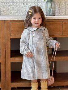 Dazy Kids Infant (Girl) Plaid Collar Puff Short Sleeve Dress Fall - Grey - View 4