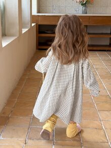 Dazy Kids Infant (Girl) Plaid Collar Puff Short Sleeve Dress Fall - Grey - View 2