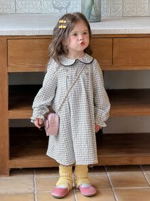 Dazy Kids Infant (Girl) Plaid Collar Puff Short Sleeve Dress Fall - Grey - View 6