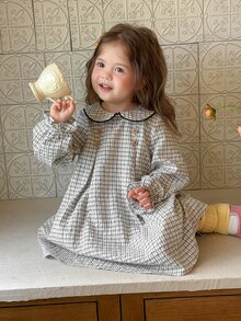 Dazy Kids Infant (Girl) Plaid Collar Puff Short Sleeve Dress Fall - Grey - View 3