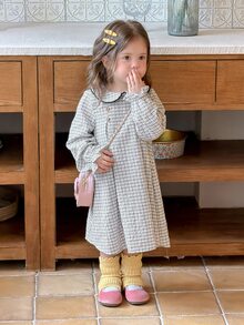 Dazy Kids Infant (Girl) Plaid Collar Puff Short Sleeve Dress Fall - Grey - View 7