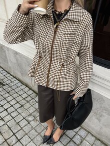 DAZY 女款全印花拉鍊休閒百搭日常旅行風衣外套 秋季 - 咖啡棕 - 查看 7
