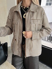 DAZY 女款全印花拉鍊休閒百搭日常旅行風衣外套 秋季 - 咖啡棕 - 查看 6