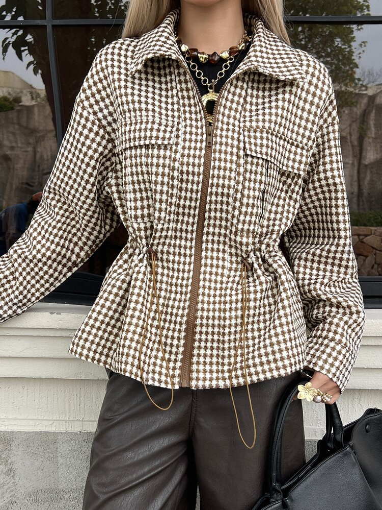 DAZY Women's All-Over Print Zipper Casual Versatile Daily Travel Trench Coat Fall - Coffee Brown - View 3