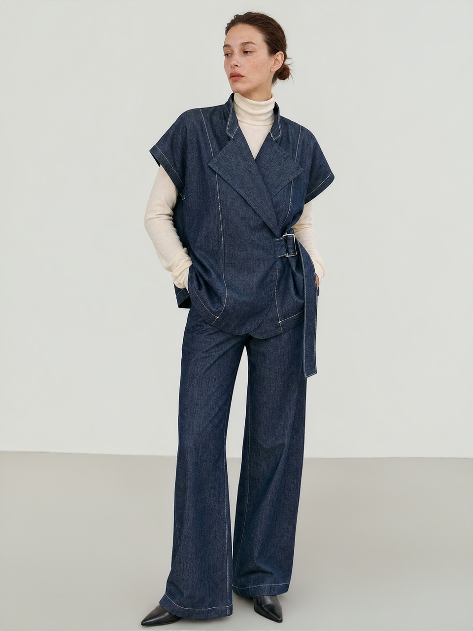 Women's Side Buckle Design Vest And Wide Leg Pants Casual Denim Set Business Casual Woman