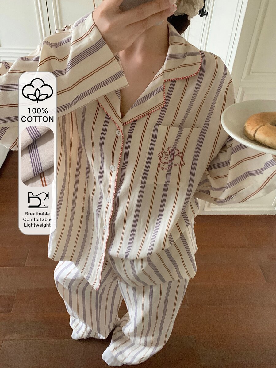 DAZY 2pcs Cute Dog Print Striped Contrast Trim Pajama Set, Spring Women Sleepwear - Purple - View 1