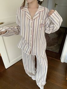 DAZY 2pcs Cute Dog Print Striped Contrast Trim Pajama Set, Spring Women Sleepwear - Purple - View 6