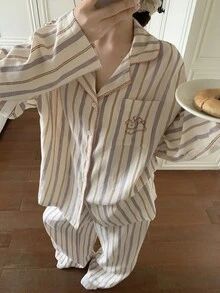 DAZY 2pcs Cute Dog Print Striped Contrast Trim Pajama Set, Spring Women Sleepwear - Purple - View 9