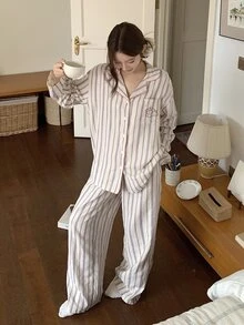 DAZY 2pcs Cute Dog Print Striped Contrast Trim Pajama Set, Spring Women Sleepwear - Purple - View 11