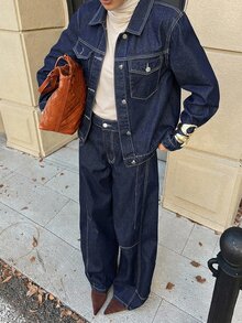 DAZY Women's Long Sleeve Single-Breasted Shirt And Long Pants Casual Denim Set Fall - Blue - View 1