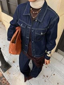 DAZY Women's Long Sleeve Single-Breasted Shirt And Long Pants Casual Denim Set Fall - Blue - View 5
