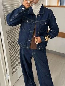 DAZY Women's Long Sleeve Single-Breasted Shirt And Long Pants Casual Denim Set Fall - Blue - View 2