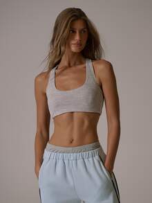 Musera Sport Grey Marl Scoop Neck Contrast Side Stripe Racer Back Sports Coord Bra Fall Winter Autumn Fitness Gym Pilates - Grey - View 2