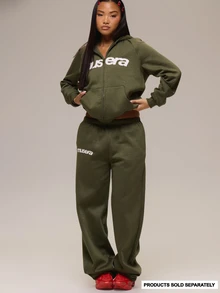 MUSERA 綠色針織圖案Logo休閒慢跑褲 冬季休閒舒適穿搭 女款酷感長褲 - 軍綠色 - 查看 1