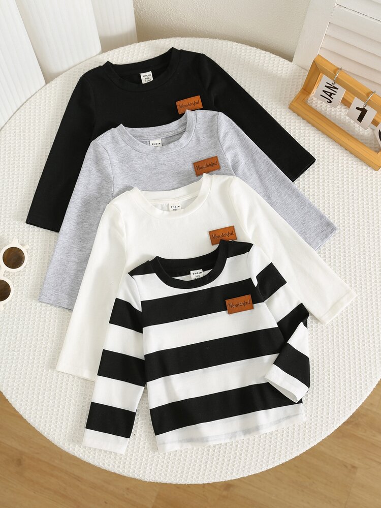 SHEIN Unisex Baby Boy/Girl,Toddler 4pcs Autumn/Winter Casual Cute Striped And Solid Color Long Sleeve Undershirt T-Shirt Multi-Pack,Baby Winter Tops - Black - View 1