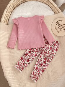 SHEIN Babygirl Cute Casual Knitted Bow & Floral Pattern Top And Pants Set - Pink - View 2