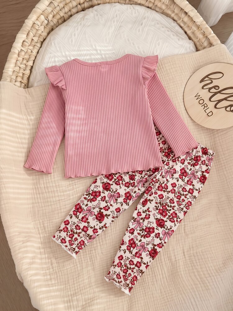 SHEIN Babygirl Cute Casual Knitted Bow & Floral Pattern Top And Pants Set - Pink - View 2
