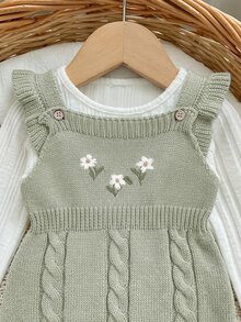 Baju Terusan Rajut Motif Bunga Bordir Lucu untuk Bayi Perempuan, Cocok untuk Musim Gugur dan Musim Dingin. - Hijau - View 5