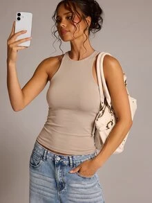 SHEIN BAE حمالة صدر نسائية بتصميم تانك توب بظهر رياضي وكوب ثابت، بلون كاكي نيود، مناسبة لجميع الفصول، ملائمة للرياضة والارتداء اليومي والتنقل - كاكي - مشاهدة 6