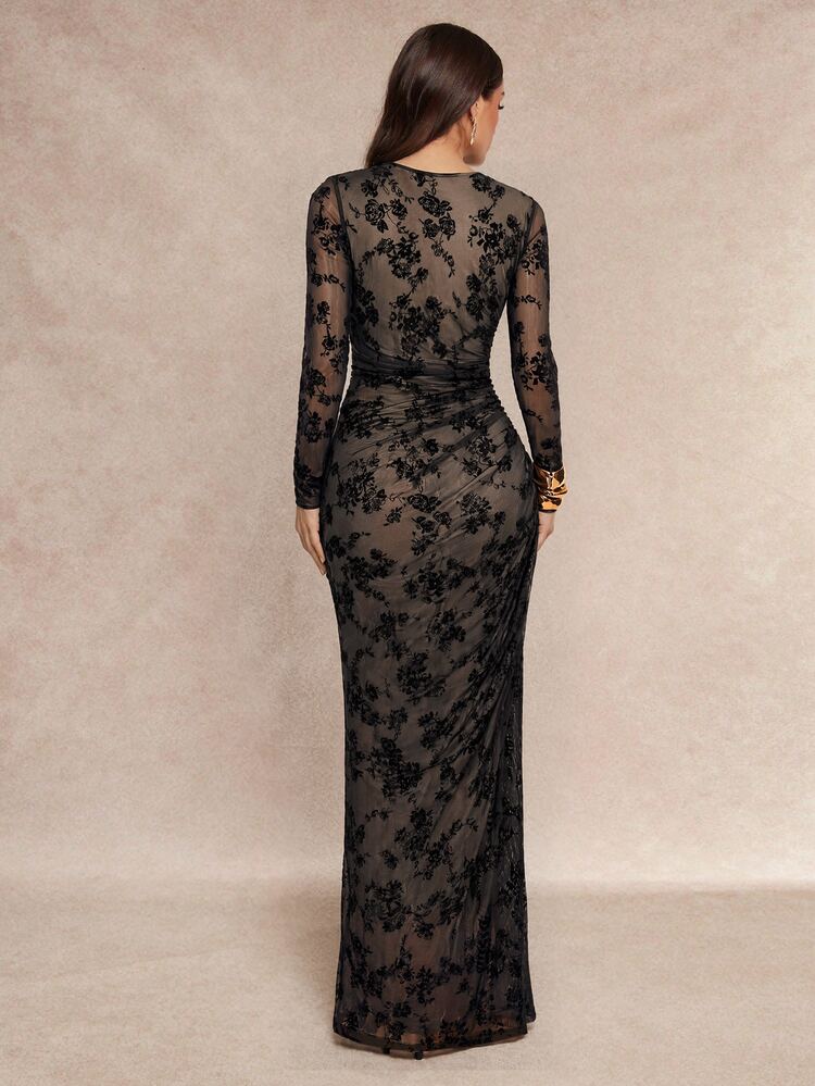 Silquee An Elegant, Long-Sleeved, Ruched Evening Gown Featuring Velvet-Textured Jacquard Fabric-Perfect For Parties And Nights Out, Blending Autumnal Elegance - Black - View 2