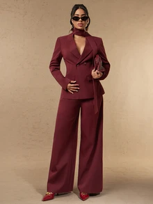 Silquee Setelan Jas Wanita Elegan Lengan Panjang dengan Kancing dan Celana Longgar - Burgundy - View 7