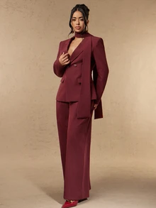 Silquee Setelan Jas Wanita Elegan Lengan Panjang dengan Kancing dan Celana Longgar - Burgundy - View 6
