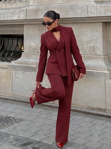Silquee Setelan Jas Wanita Elegan Lengan Panjang dengan Kancing dan Celana Longgar - Burgundy - View 2