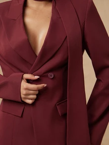 Silquee Setelan Jas Wanita Elegan Lengan Panjang dengan Kancing dan Celana Longgar - Burgundy - View 10