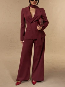 Silquee Setelan Jas Wanita Elegan Lengan Panjang dengan Kancing dan Celana Longgar - Burgundy - View 4