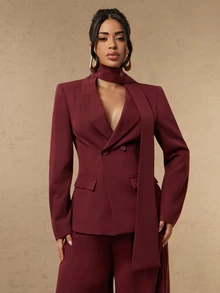 Silquee Setelan Jas Wanita Elegan Lengan Panjang dengan Kancing dan Celana Longgar - Burgundy - View 5