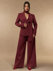 Silquee Setelan Jas Wanita Elegan Lengan Panjang dengan Kancing dan Celana Longgar - Burgundy - View 9