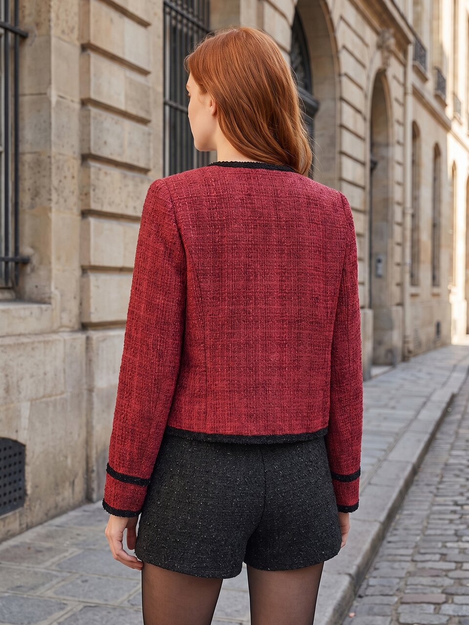 Anewsta Vintage Red Jacket Coat For Women, Autumn Black Trim Frayed Edge Round Neck Tweed Short Style, Elegant Suitable For Christmas, Daily, Casual, New Year, Halloween Outfits