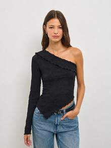 Nöista Black One Shoulder Fitted Top With Ruffle Detail.Fall Winter, Party.Evening,Special Occasions - Pink - View 2