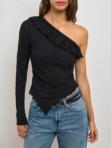 Nöista Black One Shoulder Fitted Top With Ruffle Detail.Fall Winter, Party.Evening,Special Occasions - Pink - View 4