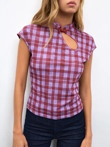 Nöista Womenswear Cute Tshirt Top With Mao Neck And Cut Out Detail On Front Closed With Contrast Oriental Button And Checks Fabric, Perfect For Fall Winter. - Purple - View 1