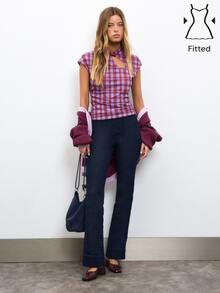 Nöista Womenswear Cute Tshirt Top With Mao Neck And Cut Out Detail On Front Closed With Contrast Oriental Button And Checks Fabric, Perfect For Fall Winter. - Purple - View 3