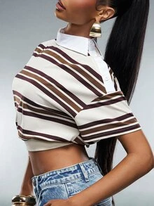 Denimoi Asymmetrical Collared Neckline Striped Polo Top Fashionable Streetwear Cropped Polo Top - Multicolor - View 2