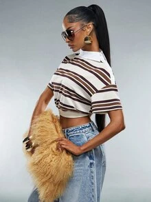 Denimoi Asymmetrical Collared Neckline Striped Polo Top Fashionable Streetwear Cropped Polo Top - Multicolor - View 1