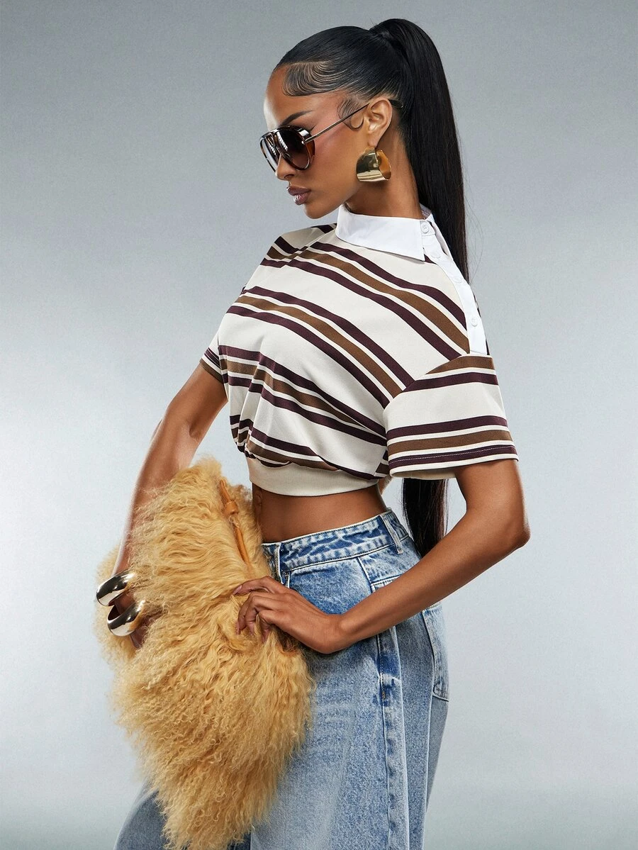 Denimoi Asymmetrical Collared Neckline Striped Polo Top Fashionable Streetwear Cropped Polo Top - Multicolor - View 1